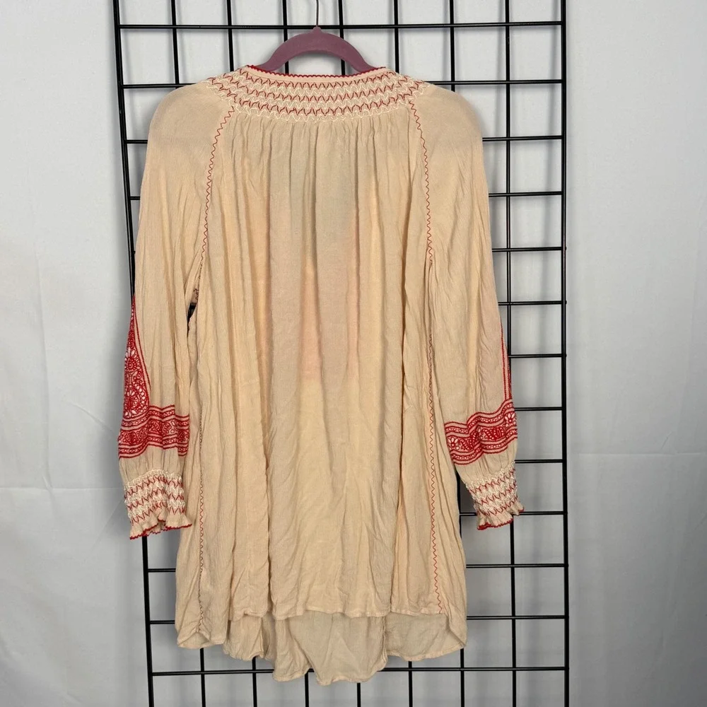 Free People Wind Willow Dress Women Small Beige Red Embroidered Boho Peasant